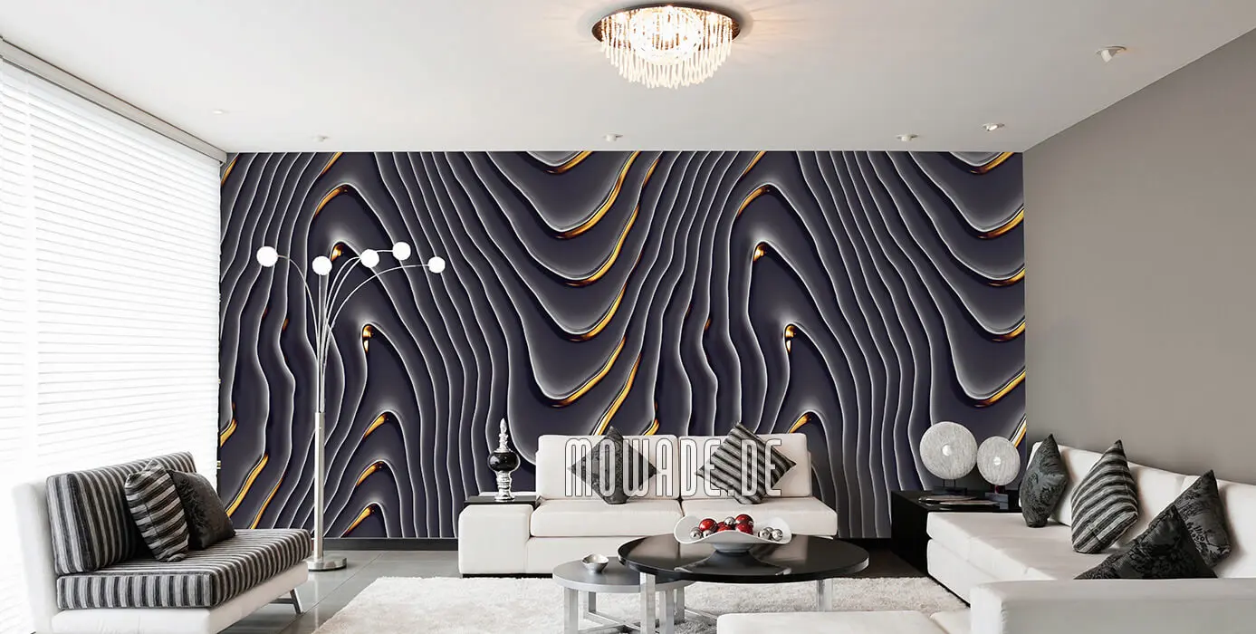 elegante wandgestaltung schwarz gold wellen-motiv tapetendesign-wohnzimmer elegante wandgestaltung schwarz gold wellen-motiv tapetendesign-wohnzimmer