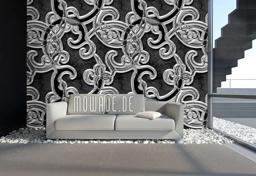 wandbild xxl ornament schwarz silber vliestapete metall-optik wandbild xxl ornament schwarz silber vliestapete metall-optik
