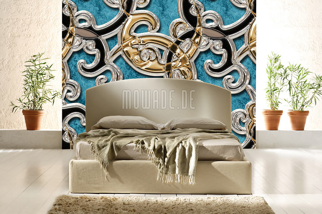 bild tapete tuerkis gold schwarz xxl ornament wohnzimmer