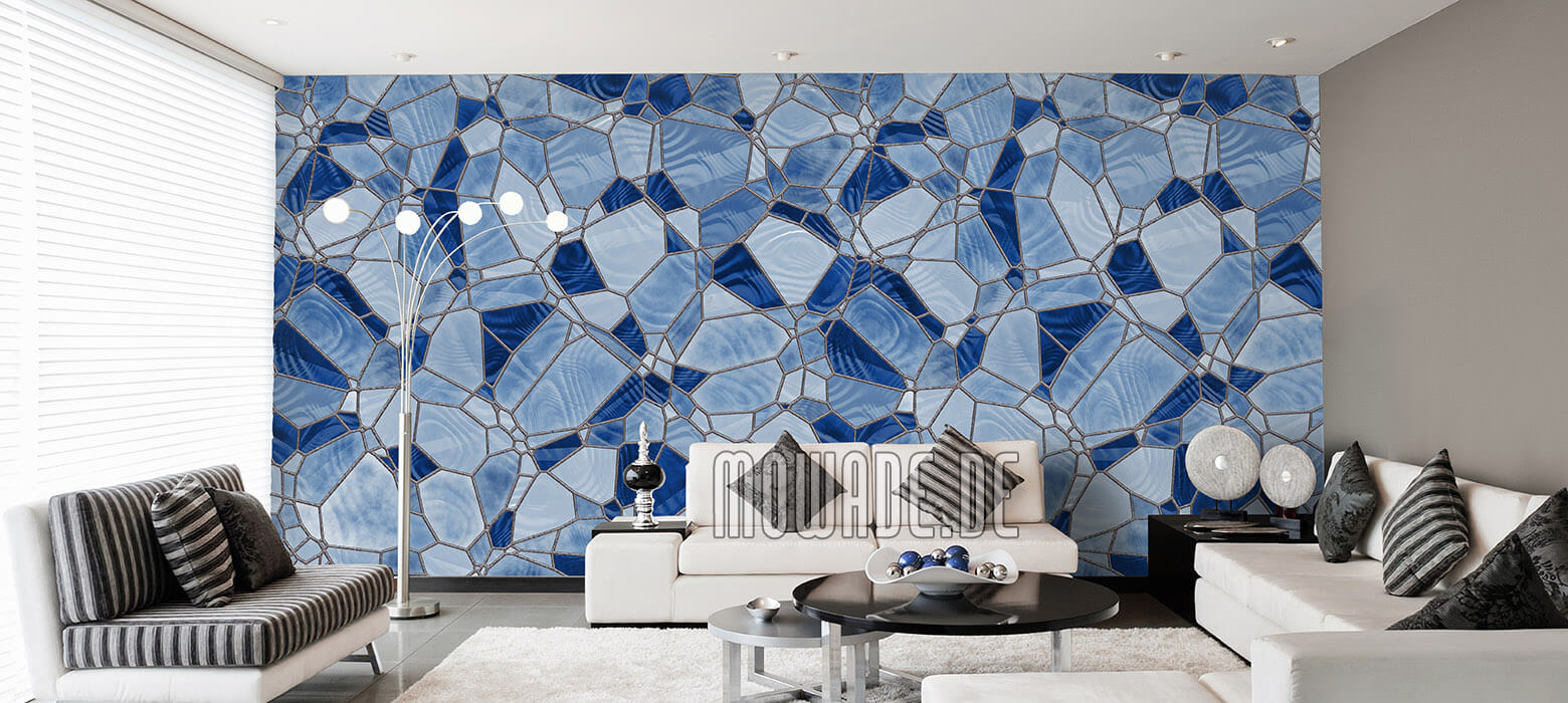 design tapete mosaik dunkelblau hellblau wohnzimmer hotel vlies