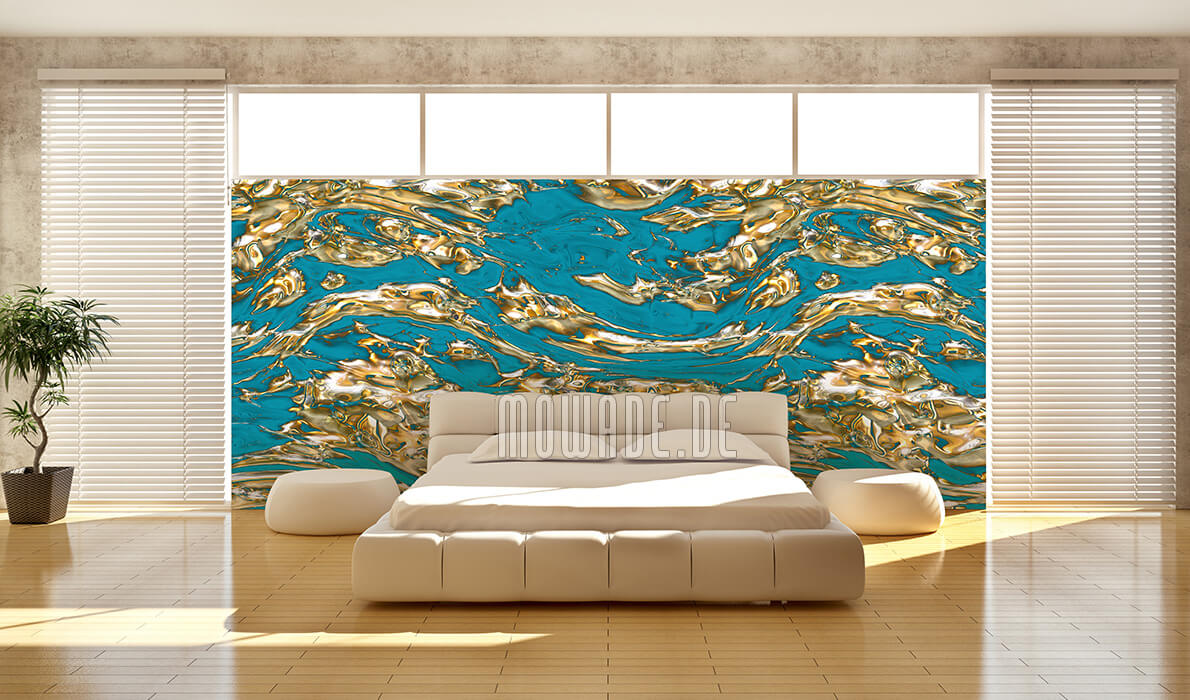 exklusives tapetendesign tuerkis gold fluss wohnzimmer
