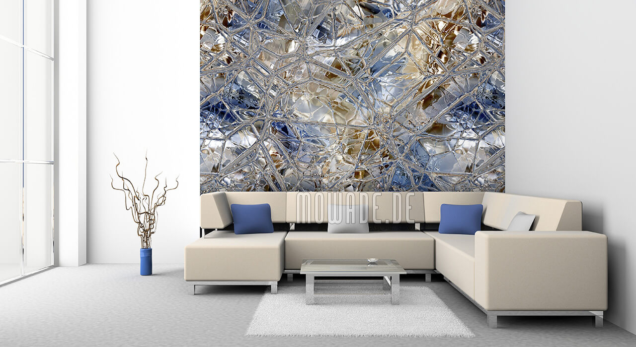 wanddesign blau braun glas-mosaik bild-tapete lounge wohnzimmer