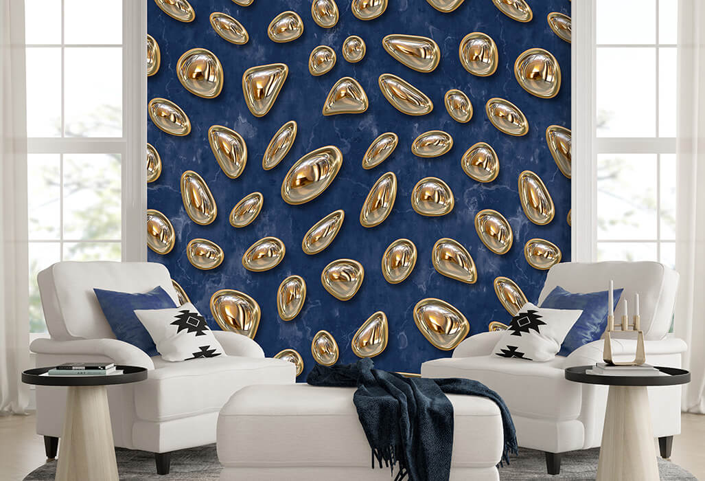 blaue tapete mit gold 3d-effekt wohnzimmer