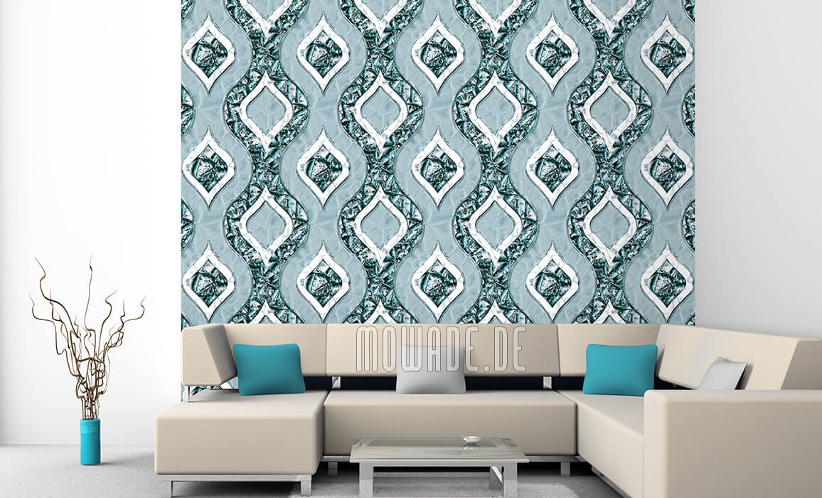 designtapete retro-muster tuerkis-weiss zwiebel