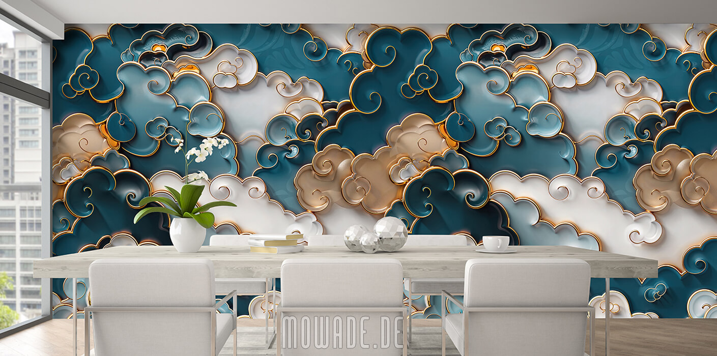 wohnzimmer tapete tuerkis gold weiss wolken