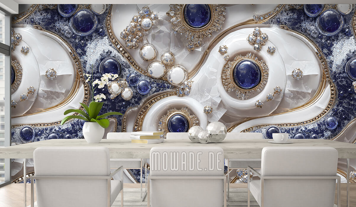 luxury wallcovering blue white gold diamonds jewelry
