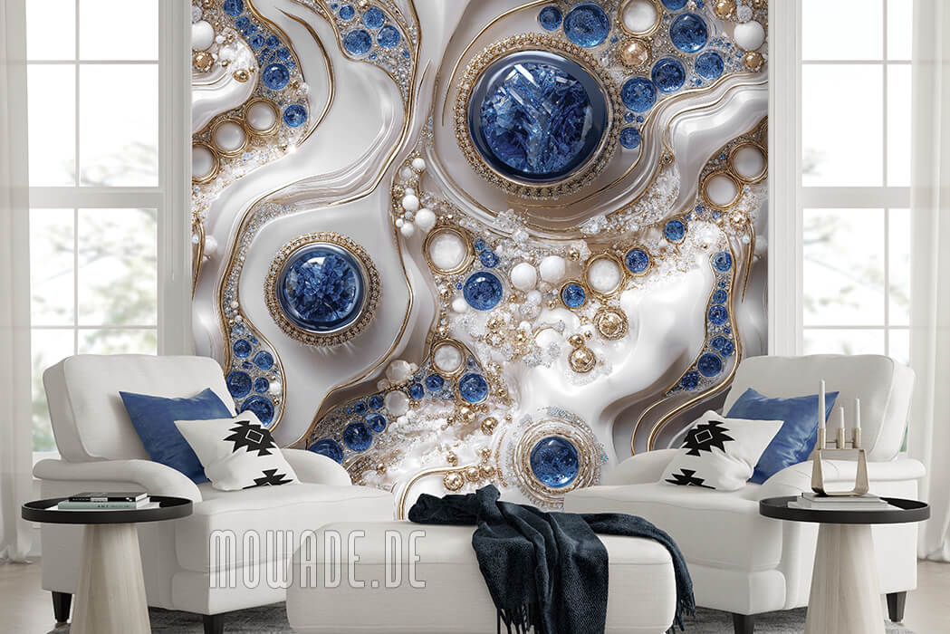 luxustapete blau weiss gold schmuck 3d-optik