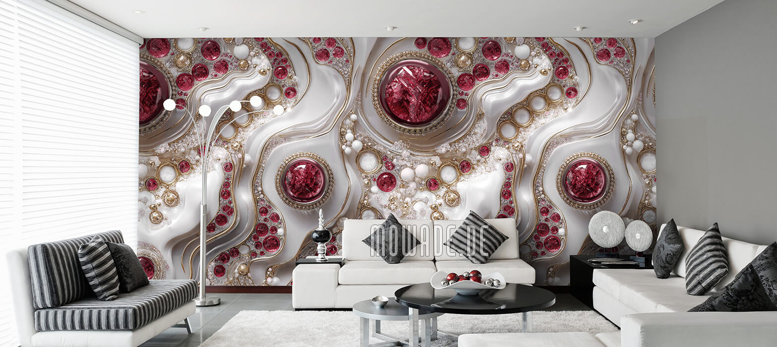 luxustapete rot weiss gold schmuck 3d-optik