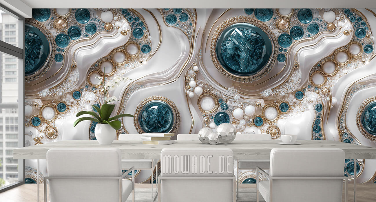 luxustapete tuerkis weiss gold schmuck 3d-optik