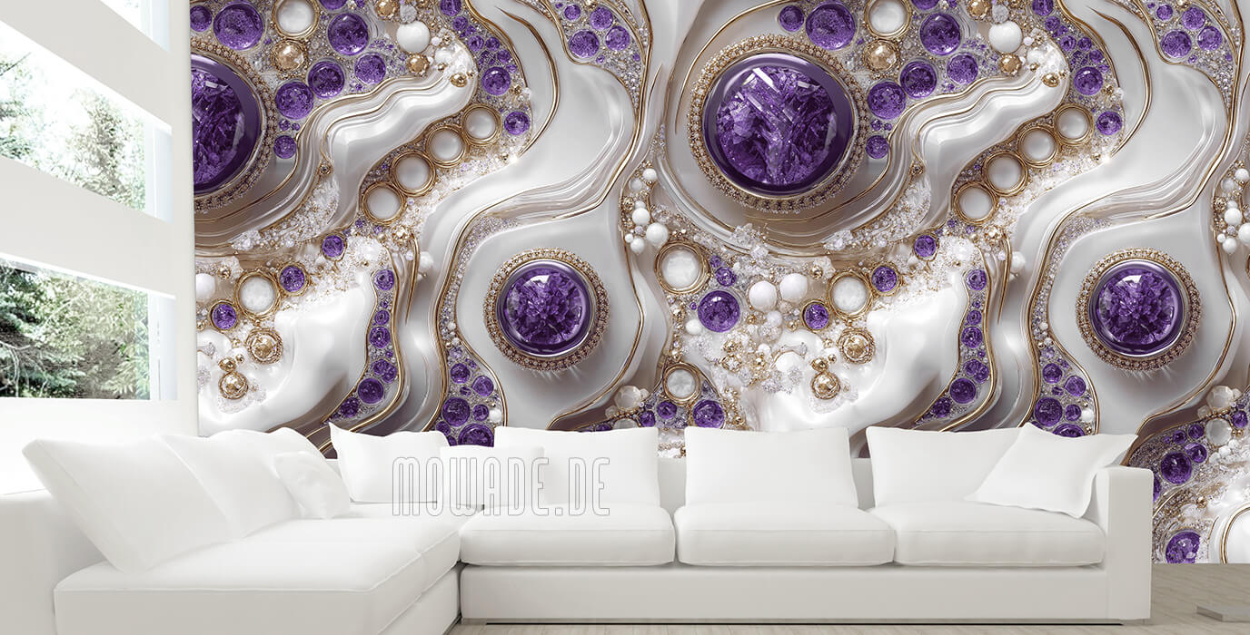 luxustapete violett weiss gold schmuck 3d-optik