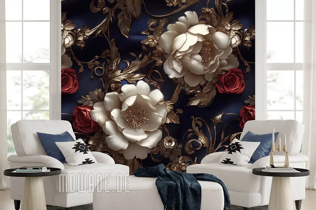 3d-tapete blumen blau creme-weiss gold rot online bestellen 3d-tapete blumen blau creme-weiss gold rot online bestellen