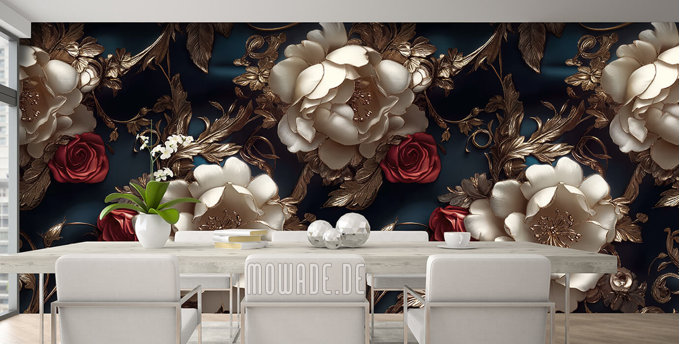 vliestapete blumen tuerkis creme-weiß rot gold online