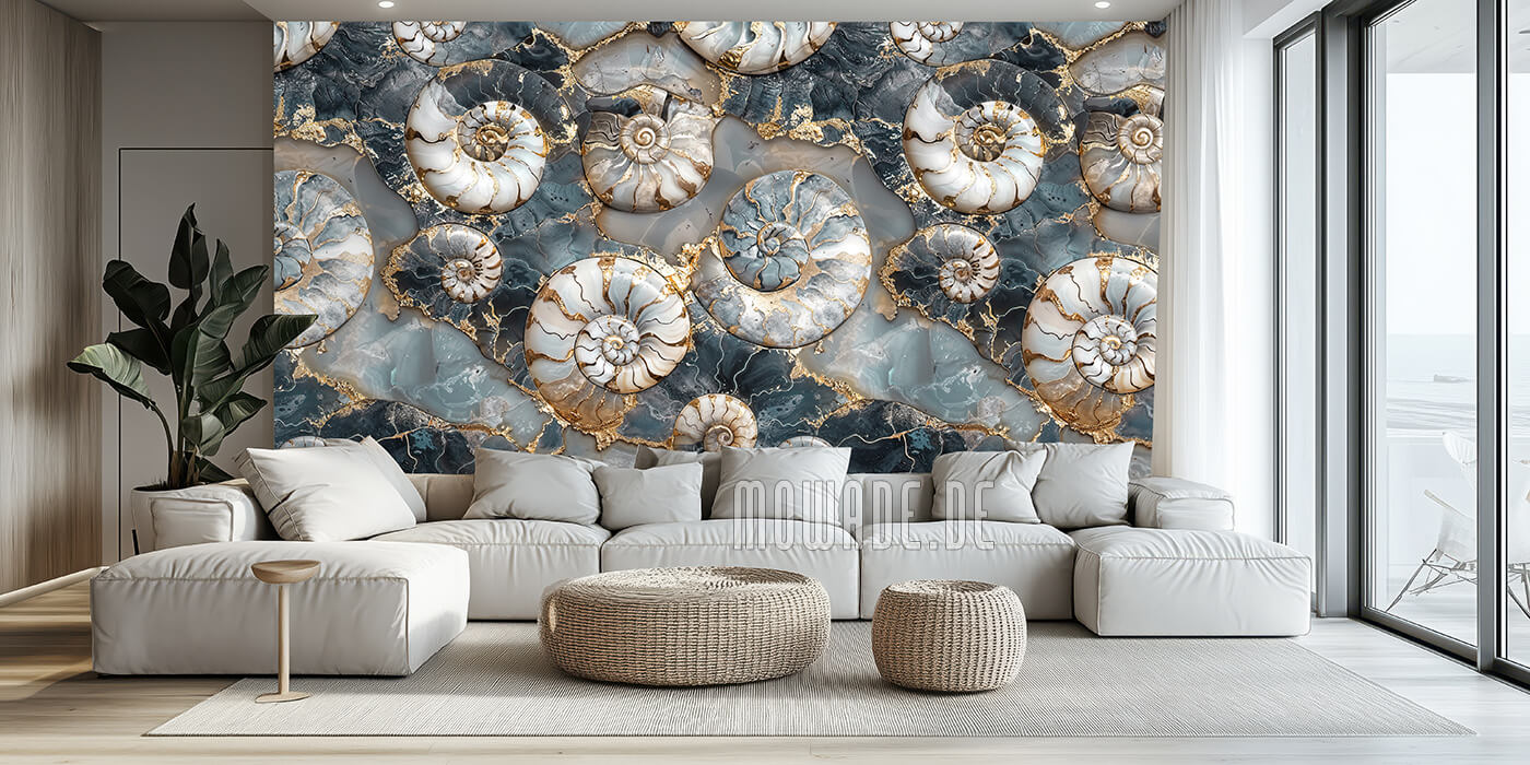 fototapete ammonit tuerkis gold weiss