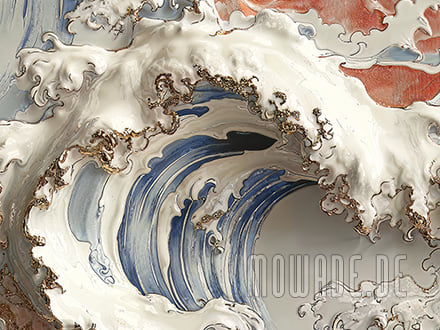 designtapete wellen-motiv blau creme-weiss rot porzellan-optik
