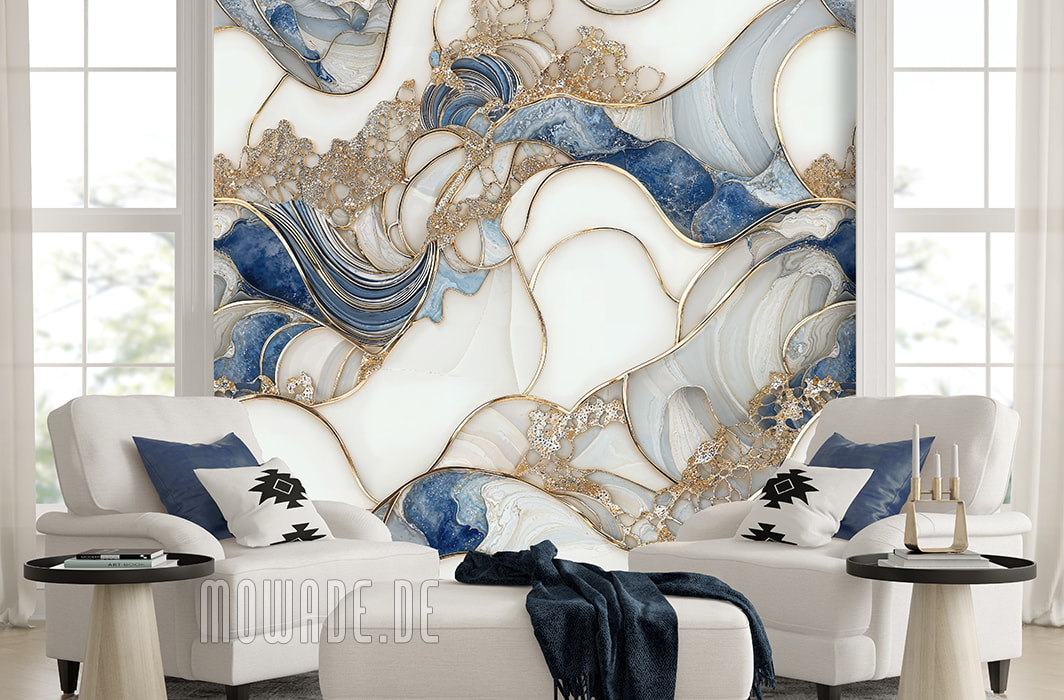 elegant wave-shaped photomural white blue gold elegant wave-shaped photomural white blue gold