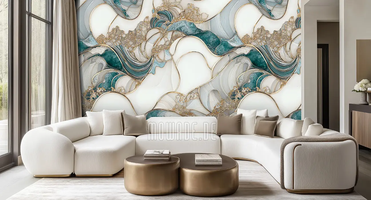 elegant wave-shaped photomural white green gold elegant wave-shaped photomural white green gold