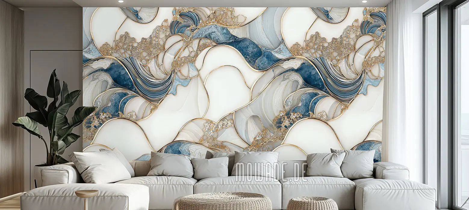 elegant wave-shaped photomural white turquoise gold elegant wave-shaped photomural white turquoise gold
