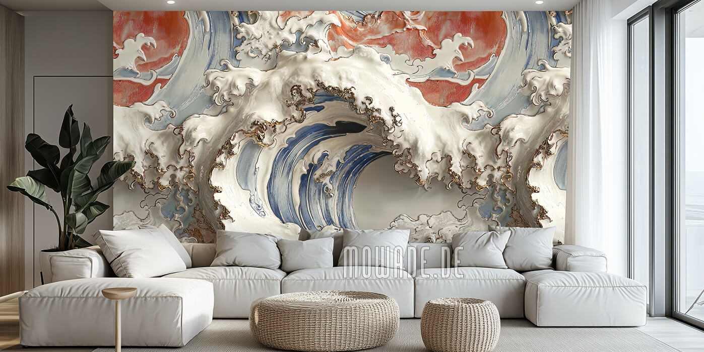 wallcovering great-wave 3d-look blue cream-white red wallcovering great-wave 3d-look blue cream-white red