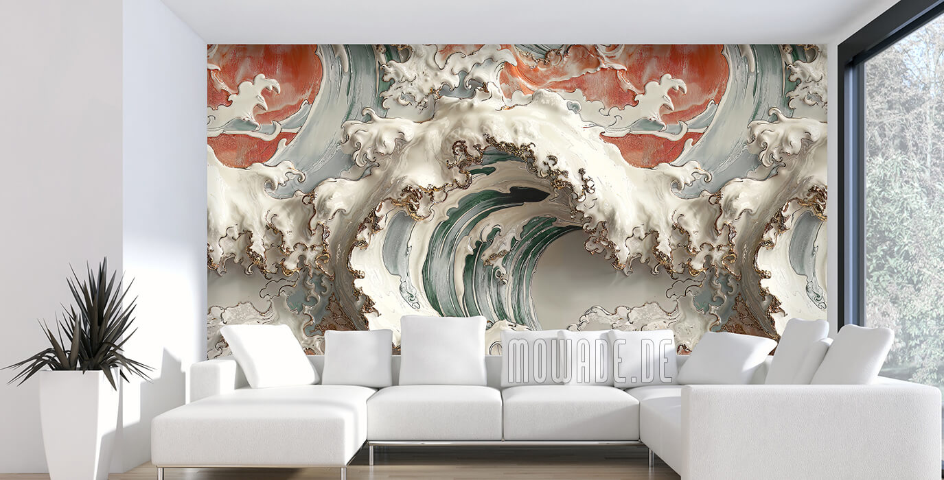 wallcovering great wave 3d-look green cream-white red wallcovering great wave 3d-look green cream-white red