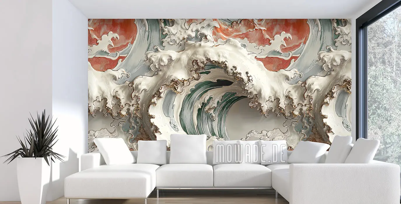 wallcovering great wave 3d-look green cream-white red wallcovering great wave 3d-look green cream-white red