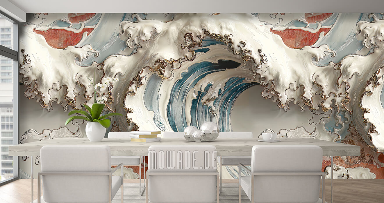 wallcovering great wave 3d-look turquoise cream-white red wallcovering great wave 3d-look turquoise cream-white red