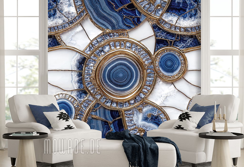 extravagante tapete blau weiss gold steinoptik