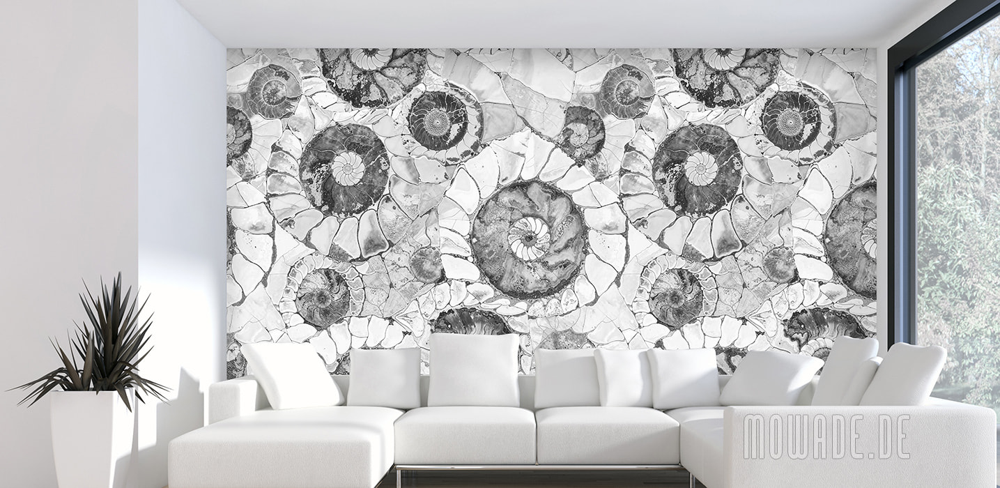 tapeten steinoptik grau ammonit wohnzimmer