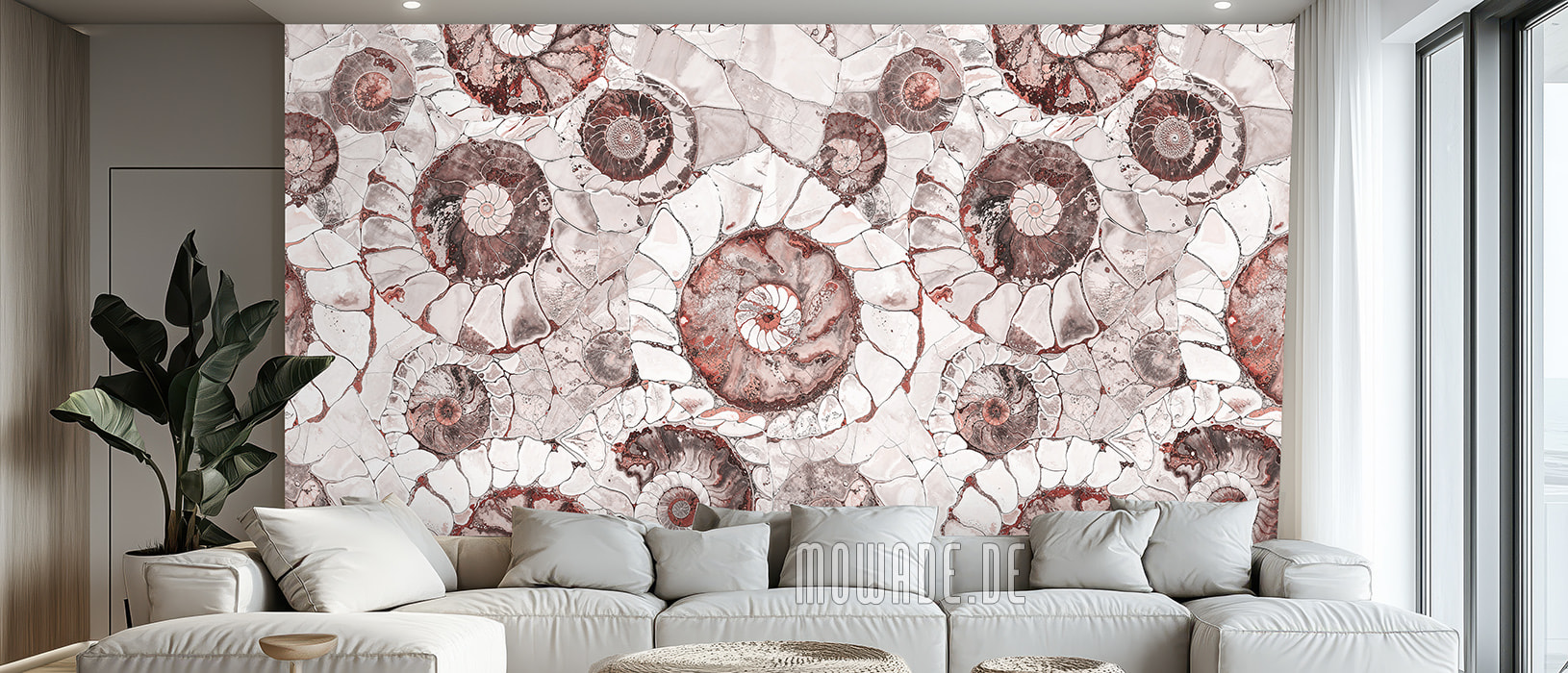 tapeten steinoptik rot ammonit wohnzimmer