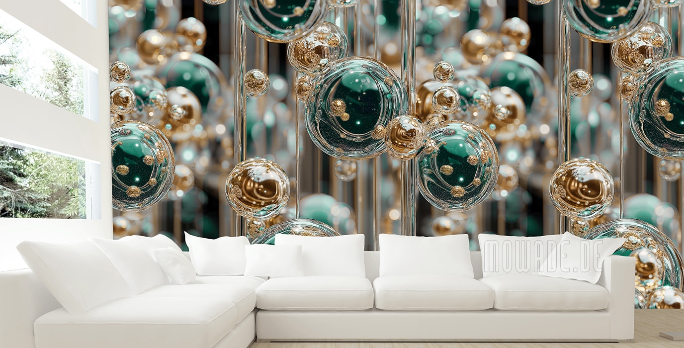 wallcovering green gold floating spheres