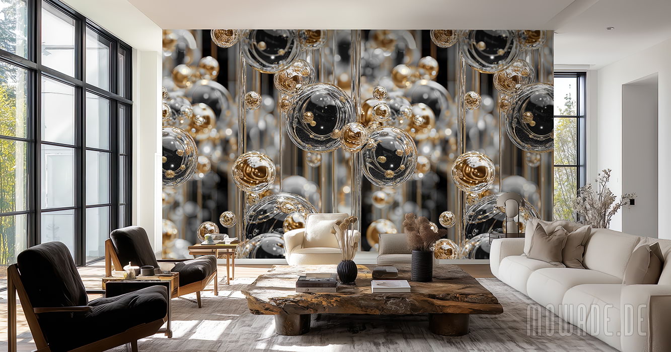 edle designtapete schwarz gold schwebende glaskugeln