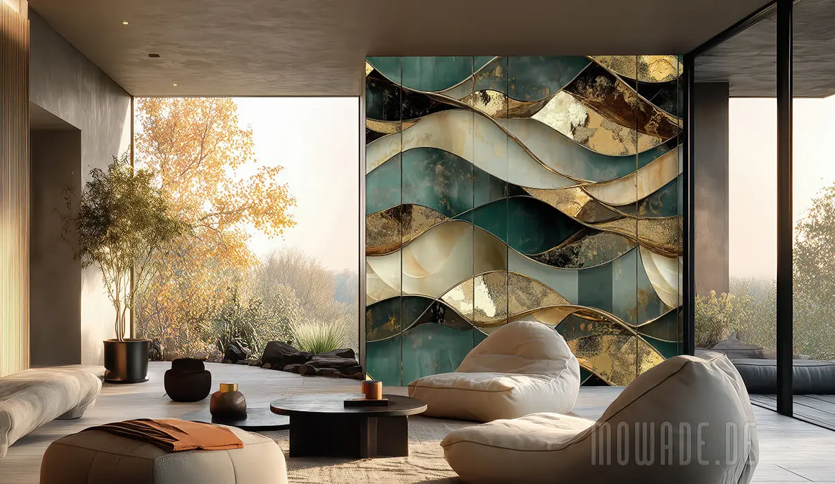 modern wallcovering green gold waves metal-look modern wallcovering green gold waves metal-look