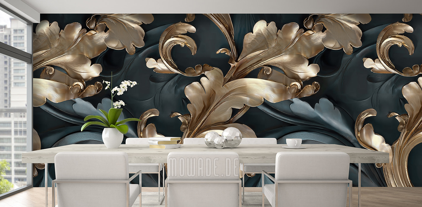 tapete neo-barock tuerkis gold grosses ornament acanthus