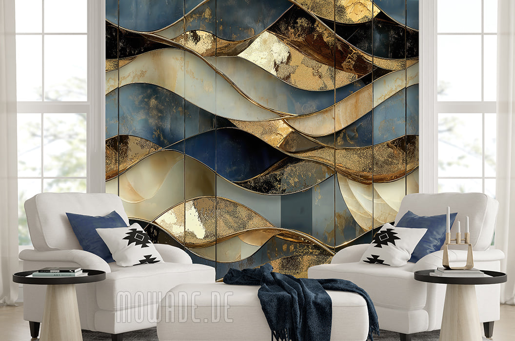 vliestapeten wellen rostiges metall-optik blau-gold